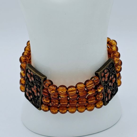 Autumn Bracelet Vintage Genuine Amber Bead Enamel Flowers Brass Filigree Stretch - Picture 9 of 10